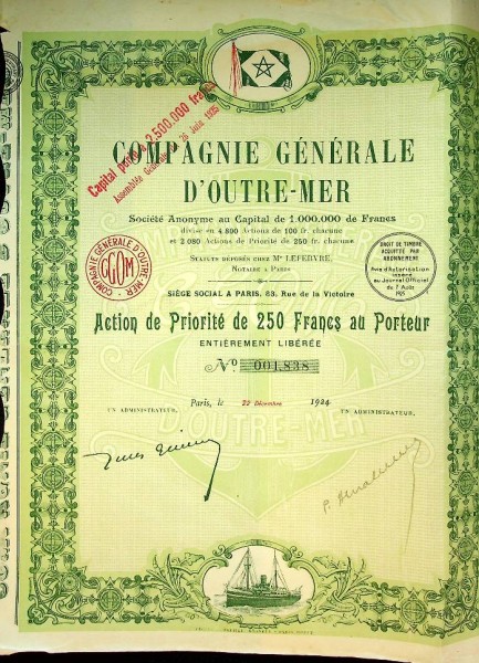 Share, Compagnie Generale D'Outre-Mer 1924