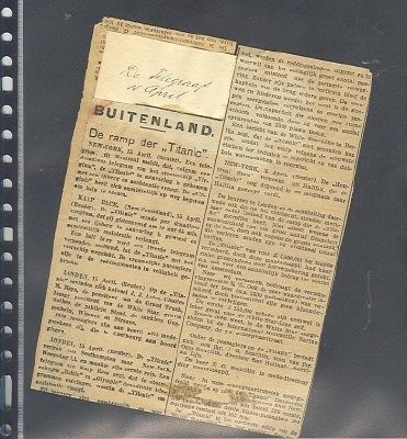 Krantenbericht ondergang ''De Titanic'' in de Telegraaf op 15 April 1912